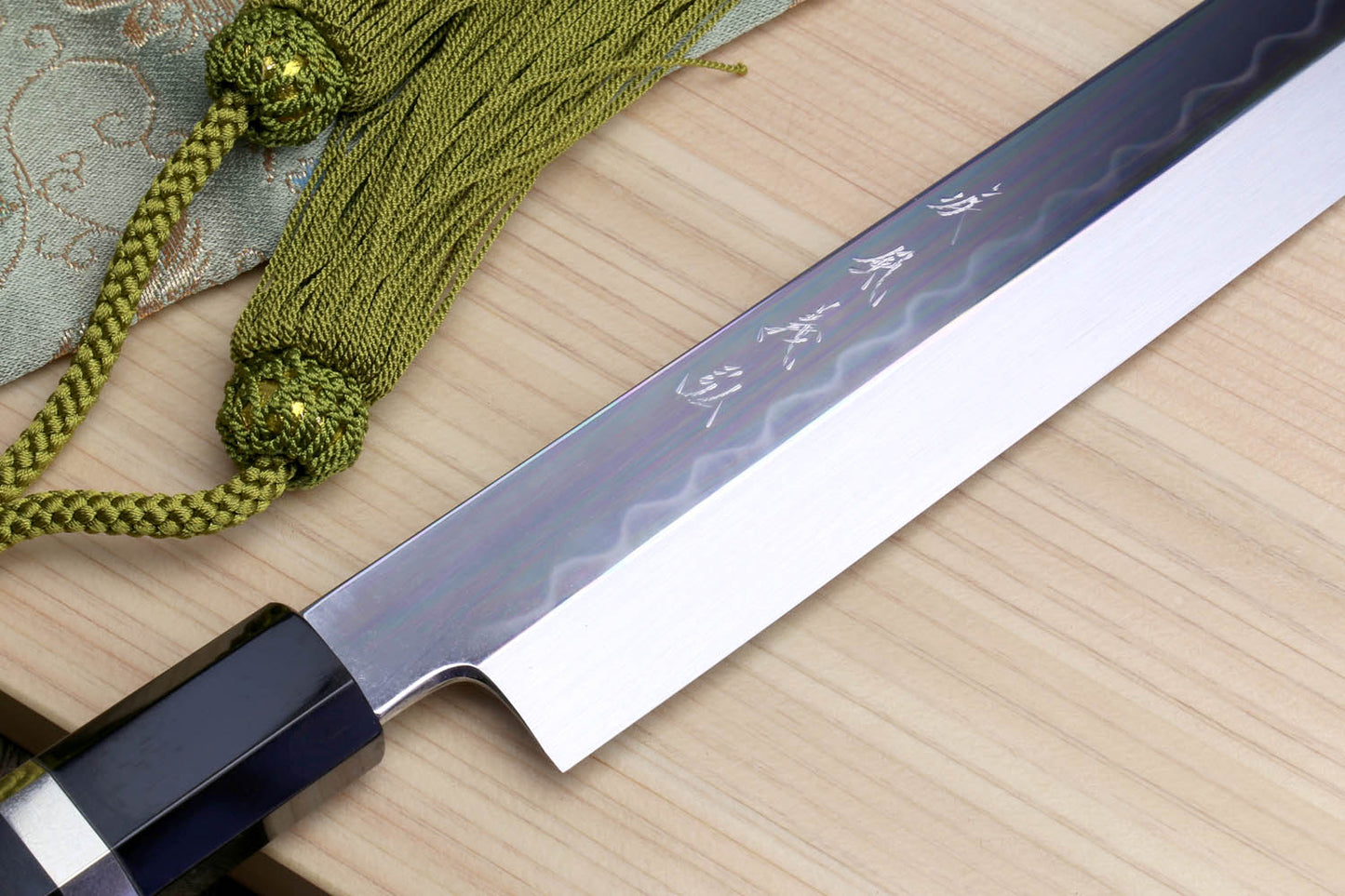 Yoshihiro Honyaki White Steel Mirror Finished Namiukashi Sakimaru Takobiki Sushi Sashimi Japanese Knife with Triple Nickel Silver Ring Ebony Handle