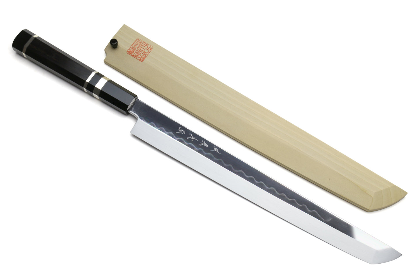 Yoshihiro Honyaki White Steel Mirror Finished Namiukashi Sakimaru Takobiki Sushi Sashimi Japanese Knife with Triple Nickel Silver Ring Ebony Handle