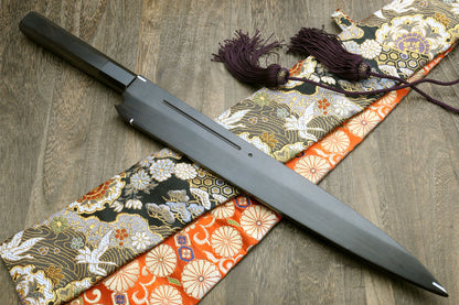 Yoshihiro Mizu Honyaki Mirror-Finished Namiukashi White Steel #2 Yanagi Sushi Sashimi Japanese Knife Ebony Handle and Saya