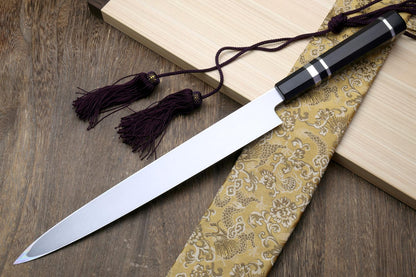 Yoshihiro Honyaki Mirror-Finished Namiukashi White Steel Yanagi Sushi Sashimi Japanese Knife with Triple Nickel Silver Ring Ebony Handle