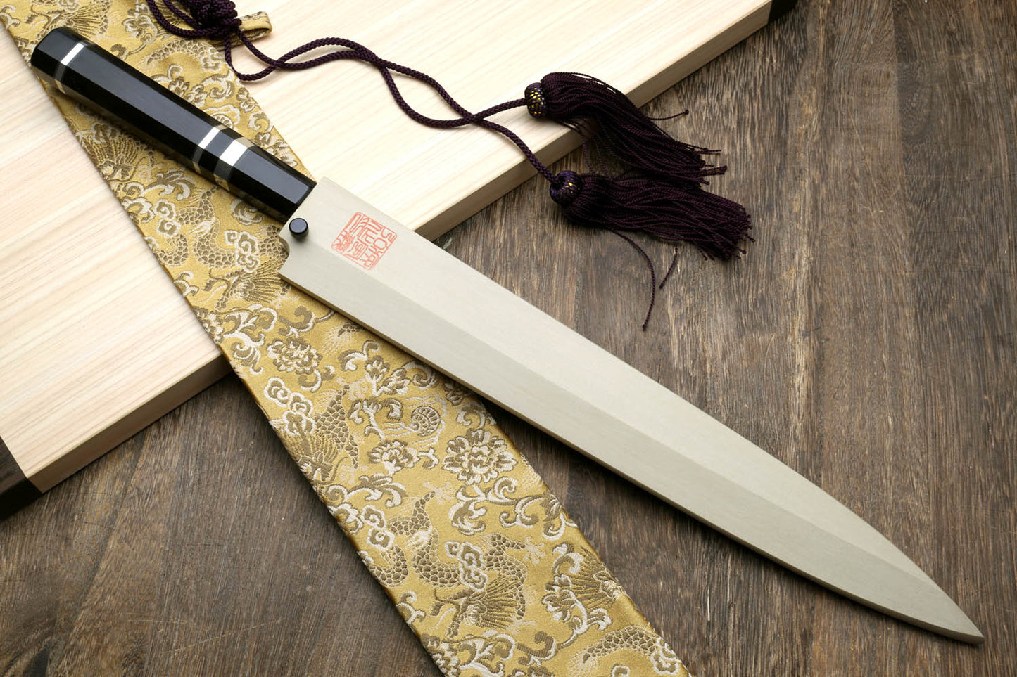 Yoshihiro Honyaki Mirror-Finished Namiukashi White Steel Yanagi Sushi Sashimi Japanese Knife with Triple Nickel Silver Ring Ebony Handle