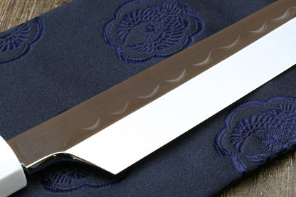 Yoshihiro Mizu Honyaki White Steel Mirror-Finished Namiukashi Yanagi Kiritsuke Sushi Sashimi Japanese Knife with Double Nickel Silver Ring Corian Ebony Handle