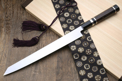 Yoshihiro Honyaki White Steel Mirror-Finished Namiukashi Yanagi Kiritsuke Sushi Sashimi Japanese Knife with Triple Nickel Silver Ring Ebony Handle