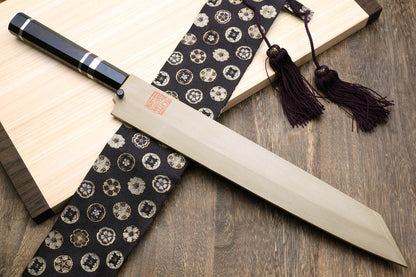 Yoshihiro Honyaki White Steel Mirror-Finished Namiukashi Yanagi Kiritsuke Sushi Sashimi Japanese Knife with Triple Nickel Silver Ring Ebony Handle