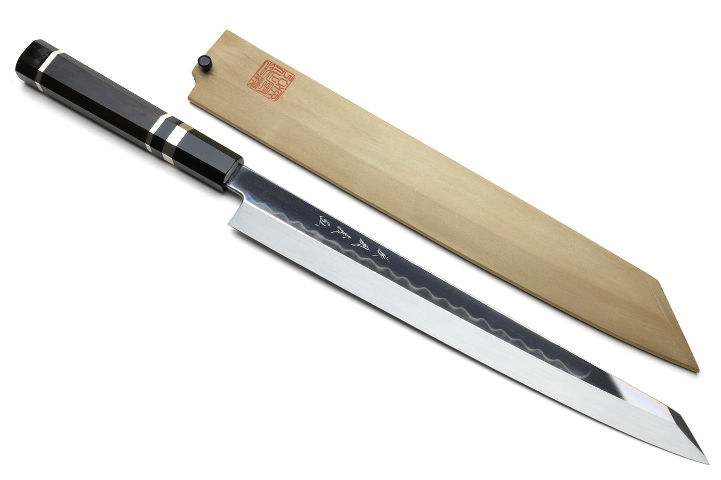 Yoshihiro Honyaki White Steel Mirror-Finished Namiukashi Yanagi Kiritsuke Sushi Sashimi Japanese Knife with Triple Nickel Silver Ring Ebony Handle