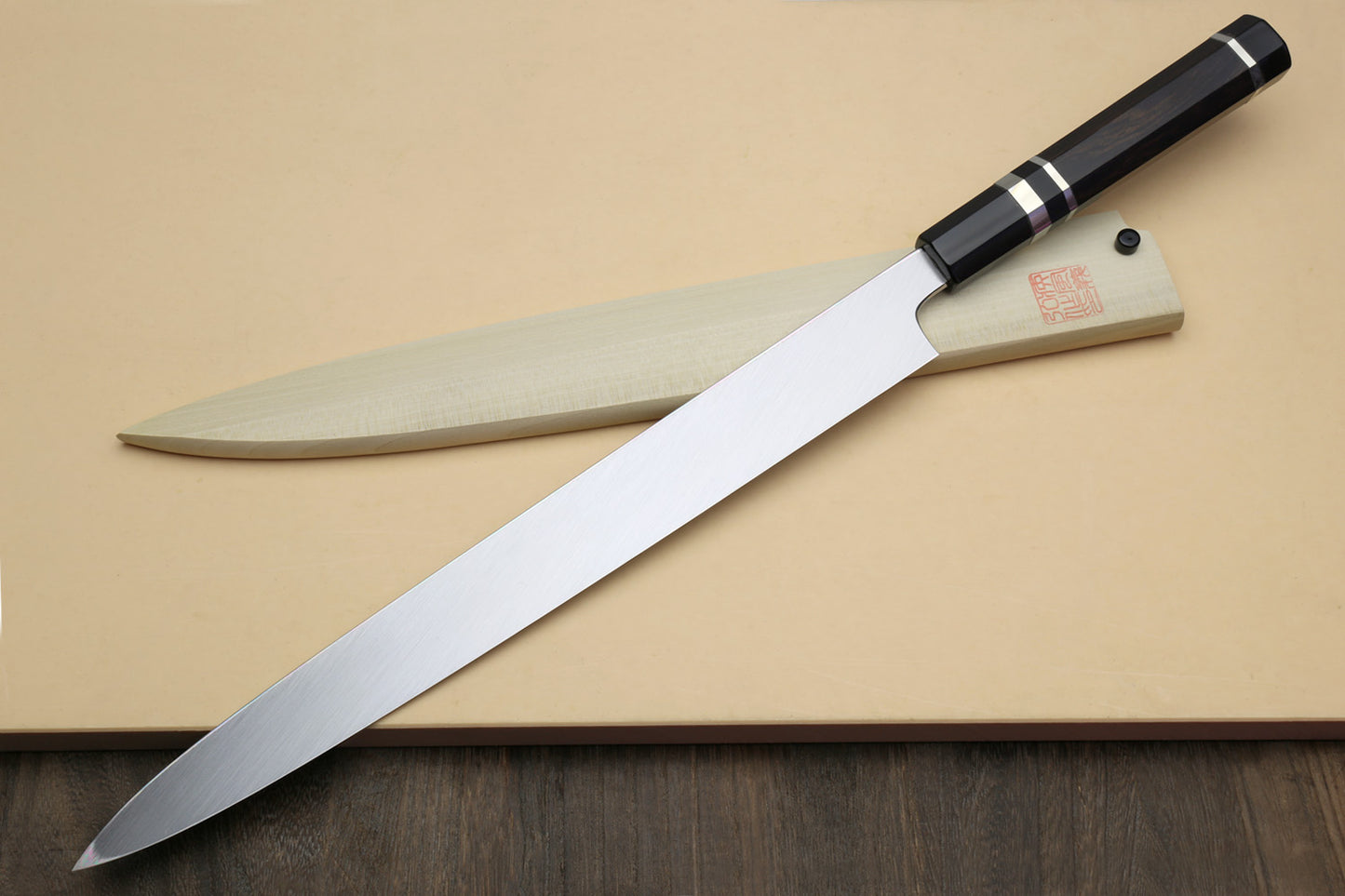 Yoshihiro Mizu Yaki Honyaki White Steel #2 Mirror-Finished Mt. Fuji with Crescent Moon Yanagi Premium Ebony Handle with Triple NickelSilver Ring