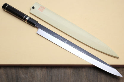 Yoshihiro Mizu Yaki Honyaki White Steel #2 Mirror-Finished Mt. Fuji with Crescent Moon Yanagi Premium Ebony Handle with Triple NickelSilver Ring