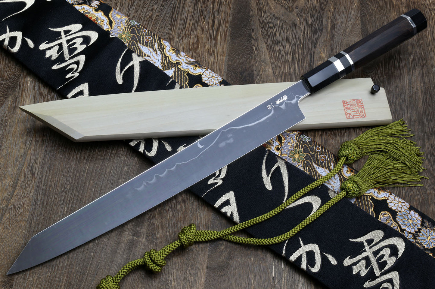 Yoshihiro Mizu Honyaki White Steel Mirror-Finished Mt. Fuji with Full Moon (*Crescent Moon on back) Yanagi Kiritsuke Premium Ebony Handle with Triple Nickel Silver Ring