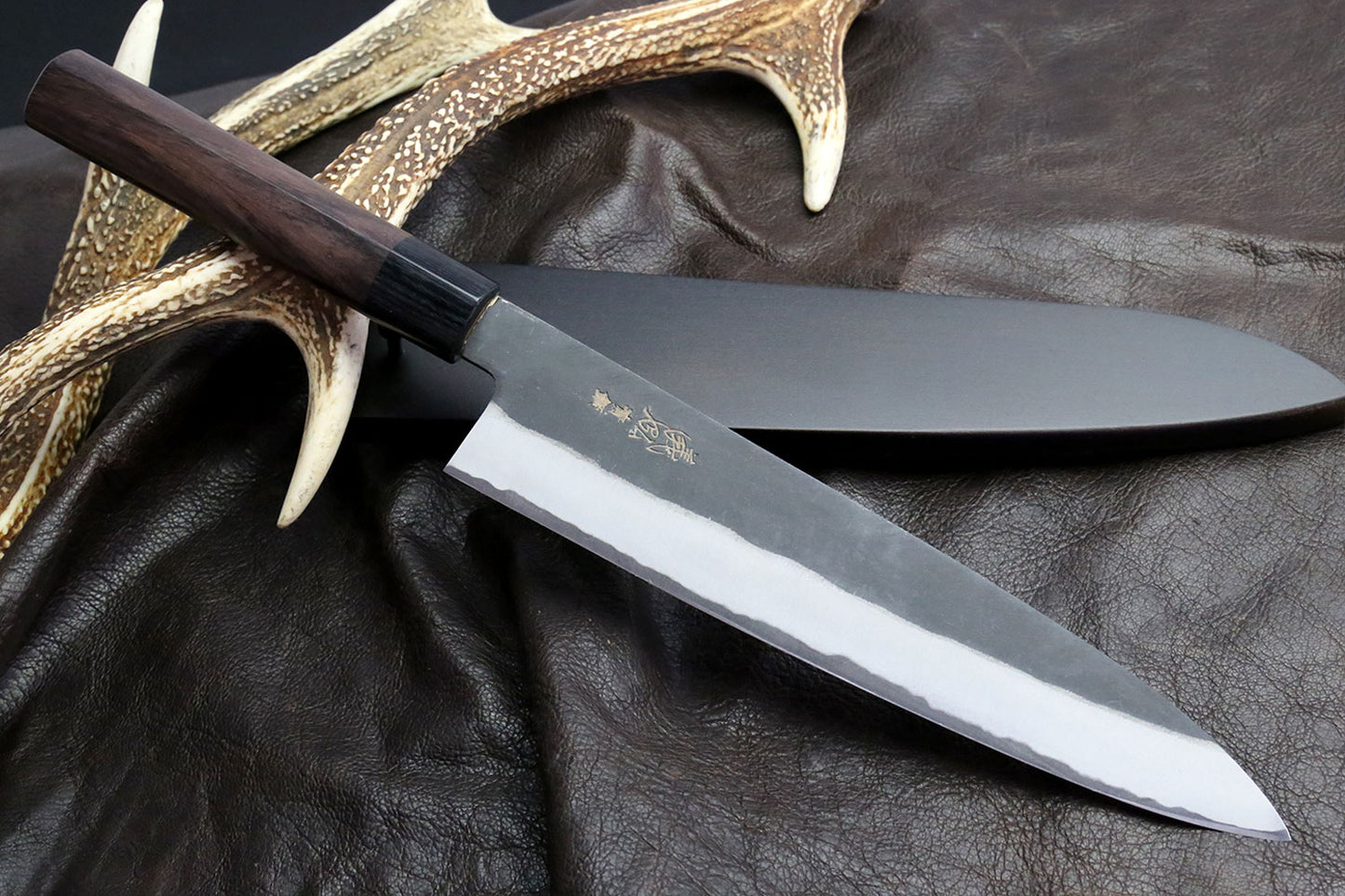 Yoshihiro Black Finish Blue Steel #2 Kurouchi Gyuto Japanese Chefs knife (D-Shape Shitan Handle)