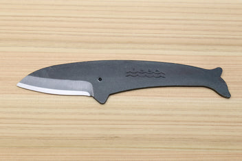 Whale utility knife with dark blue handle, silver blade edge, wavy emblem