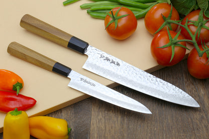 Yoshihiro VG-10 46 Layers Hammered Damascus Gyuto (210mm/240mm) Petty (150mm) Ambrosia Handle Chefs Knife Set