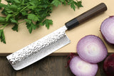 Yoshihiro Inox Stain-resistant Aus-10 Hammered Damascus Stainless Steel Ice Hardened Nakiri Vegetable Knife Shitan Handle