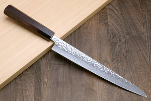 Yoshihiro Inox Stain-resistant Aus-10 Hammered Damascus Stainless Steel Ice Hardened Sujihiki Slicer Rosewood Handle