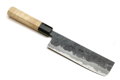 Yoshihiro Nashiji Kurouchi White Steel #2 Stainless Clad Nakiri Vegetable Knife with Kaede Wood Handle (Narrow Blade)