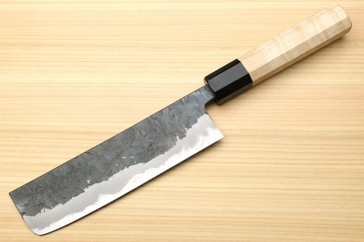 Yoshihiro Nashiji Kurouchi White Steel #2 Stainless Clad Nakiri Vegetable Knife with Kaede Wood Handle (Narrow Blade)