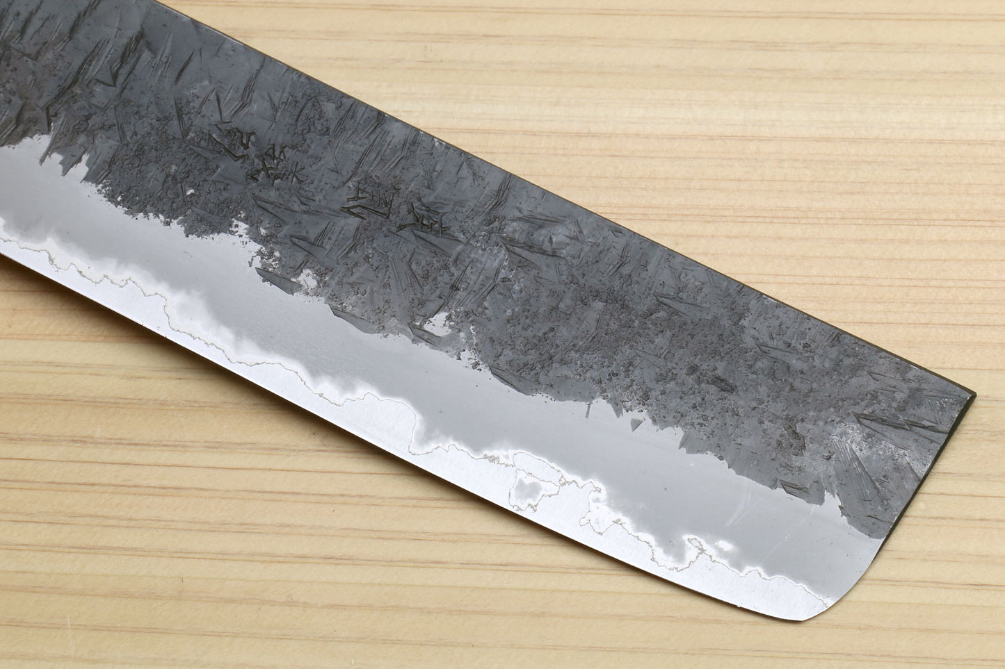 Yoshihiro Nashiji Kurouchi White Steel #2 Stainless Clad Nakiri Vegetable Knife with Kaede Wood Handle (Narrow Blade)