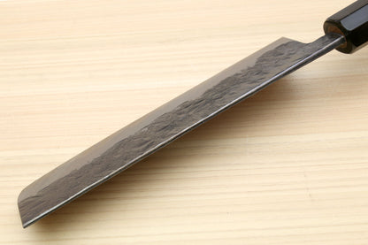 Yoshihiro Nashiji Kurouchi White Steel #2 Stainless Clad Nakiri Vegetable Knife with Kaede Wood Handle (Narrow Blade)