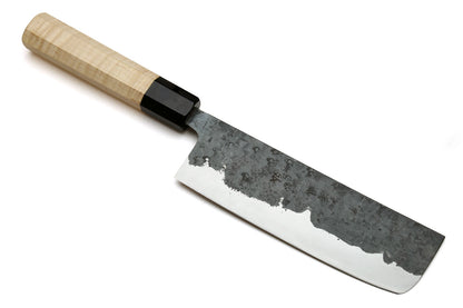 Yoshihiro Nashiji Kurouchi White Steel #2 Stainless Clad Nakiri Vegetable Knife with Kaede Wood Handle