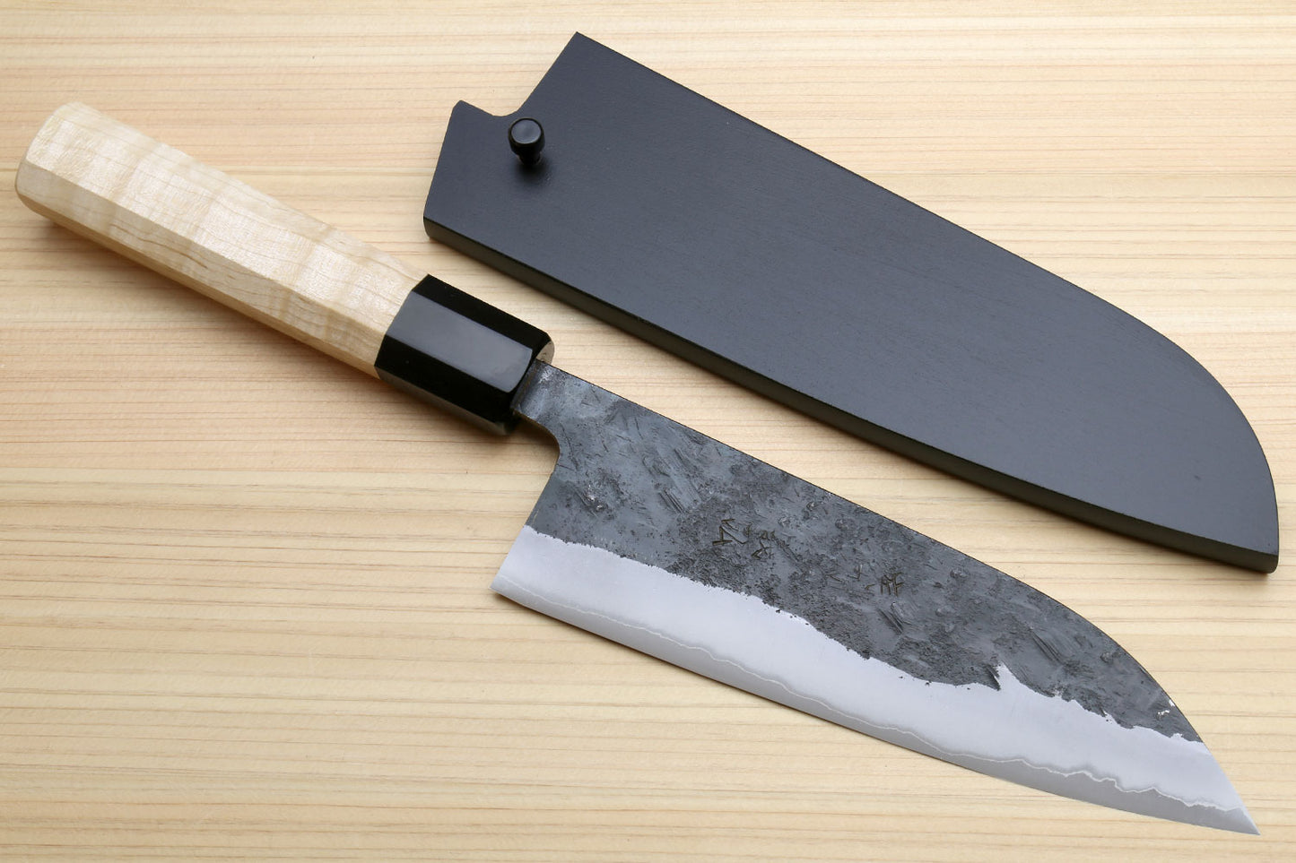 Yoshihiro Nashiji Kurouchi White Steel #2 Stainless Clad Santoku Multipurpose Chef Knife with Kaede Wood Handle