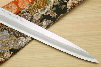 Yoshihiro Powdered High Speed Stainless Steel Mirror Polished Yanagi Sashimi Knife Triple Nickel Silver Ring Ebony Handle