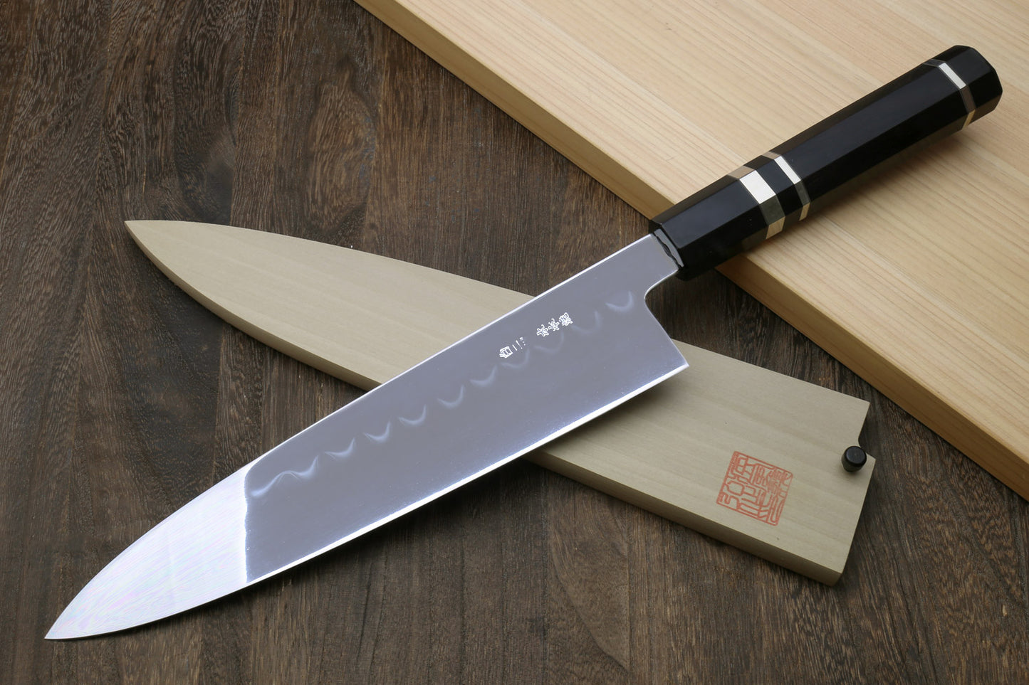 Yoshihiro Mizu Honyaki Shiroko White Steel #2 Mirror Polished Namiukashi Gyuto Japanese Chef Knife with Triple Nickel Silver Ring Ebony Handle