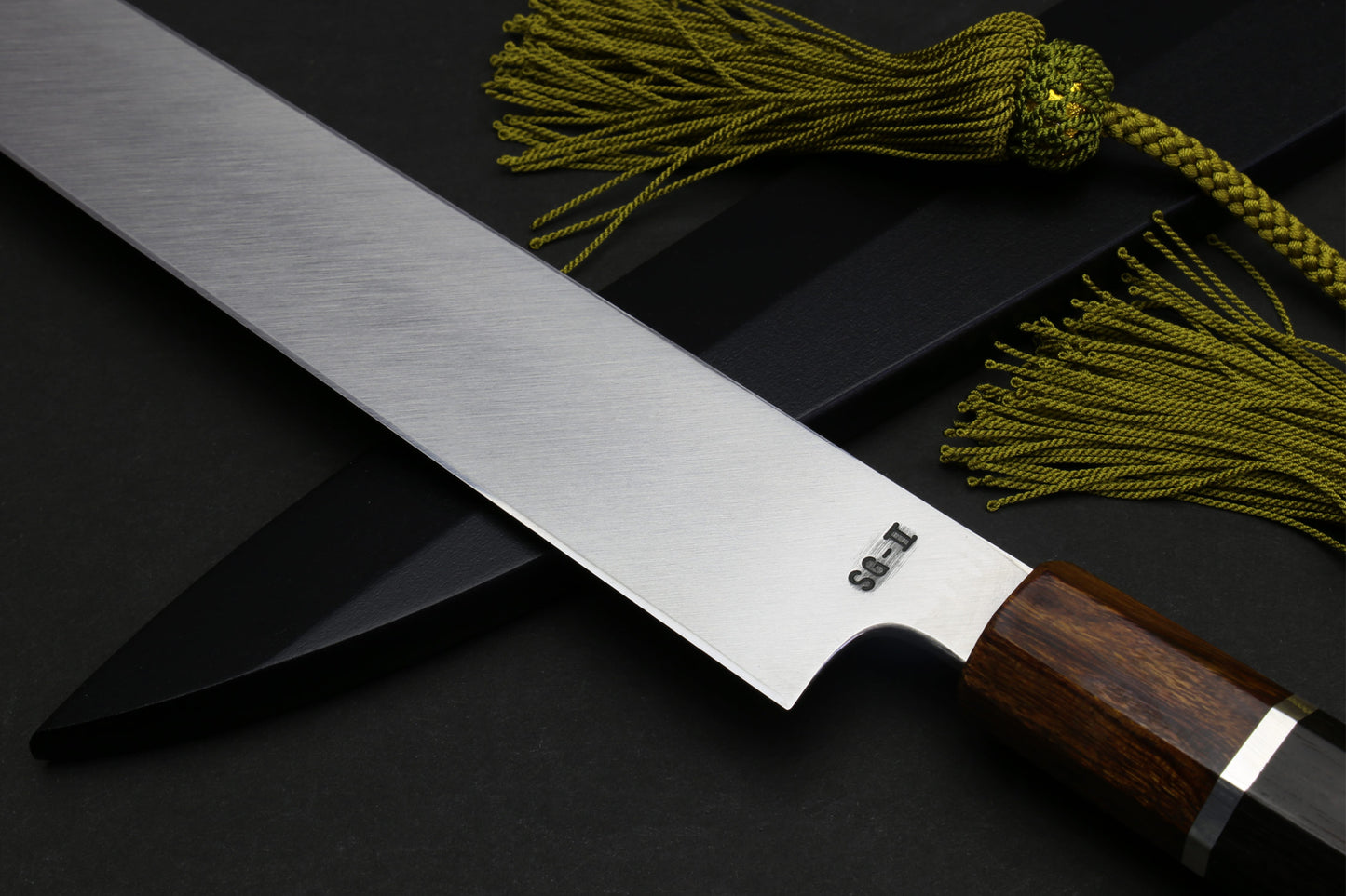 Yoshihiro SG-II (R-2) Semi-Stainless Steel Mirror Polished Yanagi Sashimi Knife, Silver Ring Ebony Handle