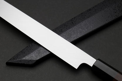 Yoshihiro Mizu Honyaki White Steel Mirror-Finished Namiukashi Yanagi Kiritsuke Ebony Handle