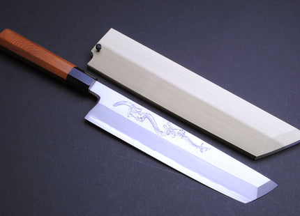 Yoshihiro Aonamiuchi Hamokiri 270mm Japanese Eel Bone Slicer Knife Artisan Hand Engraved Unagi Nobori Climbing Eel Yew Handle