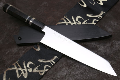 Yoshihiro Mizu Yaki Honyaki Shiroko White Steel #2 Mirror Polished Kiritsuke Japanese Multipurpose Knife with Triple Nickel Silver Ring Ebony Handle