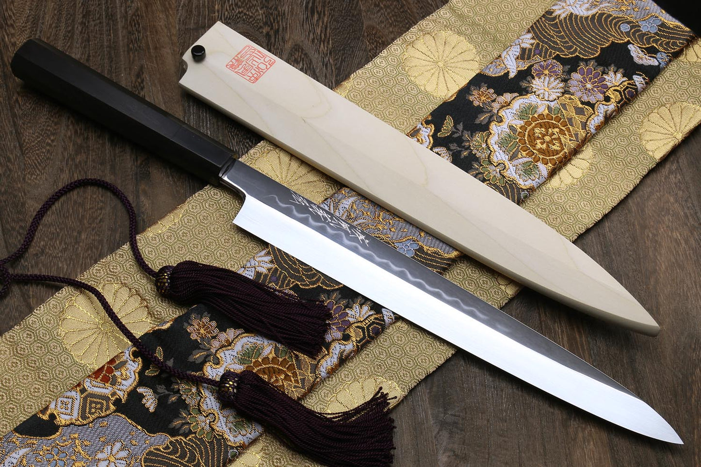 Yoshihiro Mizu Honyaki White Steel #1 Mirror-Finished Namiukashi Yanagi Ebony Handle