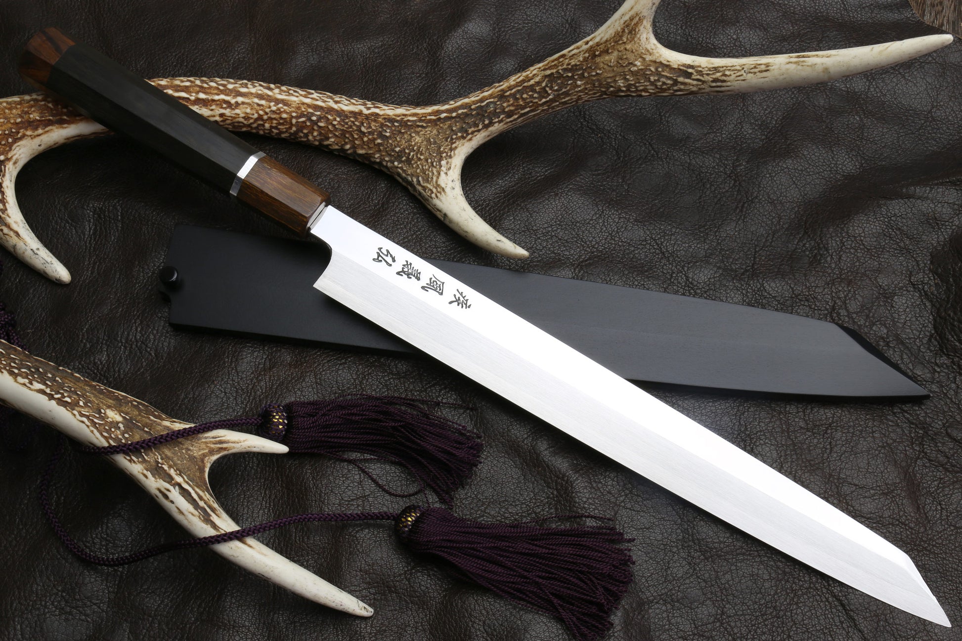 Yoshihiro SG-II (R-2) Semi-Stainless Steel Mirror Polished Yanagi Kiritsuke Sashimi Knife, Silver Ring Ebony Handle