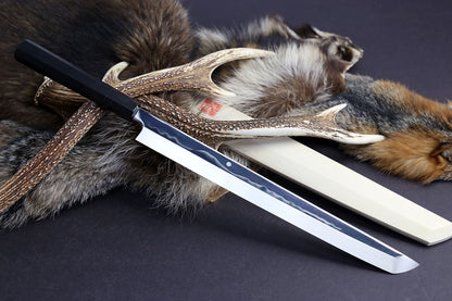 Yoshihiro Mizu Yaki Honyaki Mirror Finished Mt.Fuji with Full Moon Sakimaru Takobiki Premium Ebony Handle 360mm