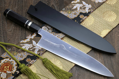 Yoshihiro Mizu Yaki White Steel #2 Honyaki Mirror-Finished Mt. Fuji with Crescent Moon Gyuto Chefs Knife Oct. Ebony Triple Nickel Silver Ring Handle and Nuri Saya