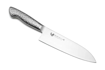 Santoku chef's knife full length with hammered steel blade and integrated stainless handle