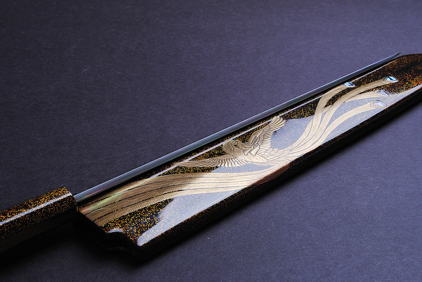 Yoshihiro Mizuyaki Honyaki Mirror Finished Mt.Fuji with Full Moon Yanagi Kiritsuke 24k Gold Phoenix Maki-Urushi Lacquered Rosewood Handle and Saya