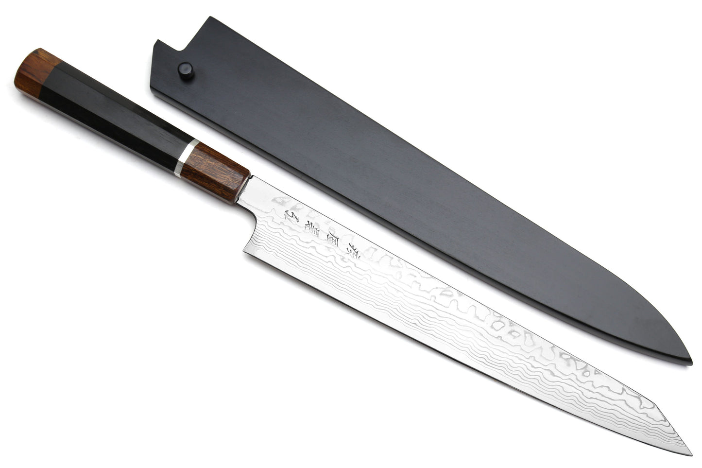 Yoshihiro Hayate ZDP-189 Super High Carbon Stainless Steel Suminagashi Damascus Sujihiki Kiritsuke Slicer Knife Ebony Handle with Sterling Silver Ring