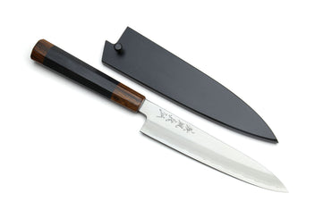 Petty utility knife with stainless blade, dark saya cover, and ebony handle with sheath