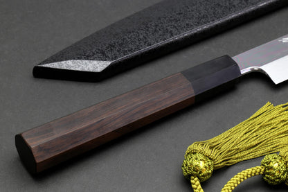 Yoshihiro Mizu Honyaki White Steel Mirror-Finished Namiukashi Yanagi Kiritsuke Ebony Handle