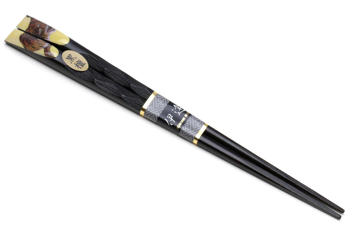 Japanese Premium Ebony Wood Chopsticks Fukiurushi Lacquered Kano Sanraku Gold Tiger with Paulownia Wooden Box