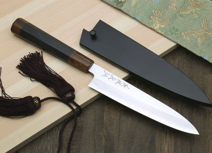 Yoshihiro Hiryu Ginsan High Carbon Stainless Steel Petty Utility Knife Ebony Handle with Nuri Saya Cover