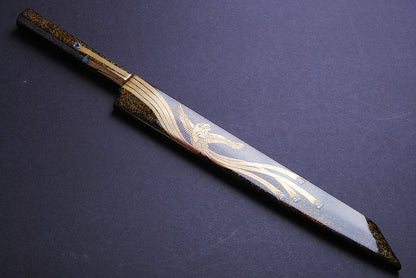 Yoshihiro Mizuyaki Honyaki Mirror Finished Mt.Fuji with Full Moon Yanagi Kiritsuke 24k Gold Phoenix Maki-Urushi Lacquered Rosewood Handle and Saya