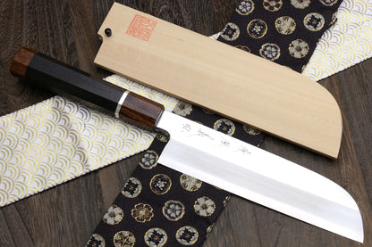 Yoshihiro  Ginsan Mirror Polished Stain Resistant Kama Usuba Traditional Japanese Vegetable Chopping Chef Knife Ebony Handle with Silver Ring