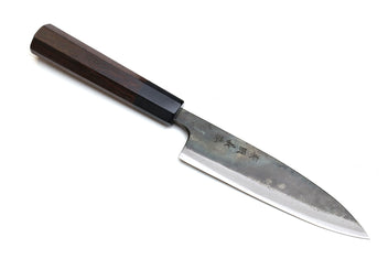 Petty utility knife with dark shitan wood handle and kurouchi finish blade