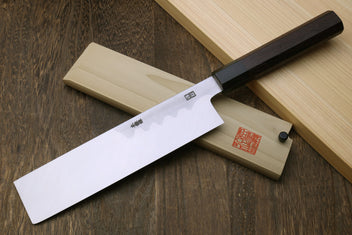 Japanese vegetable knife with pale steel blade and dark handle, light wooden sheath