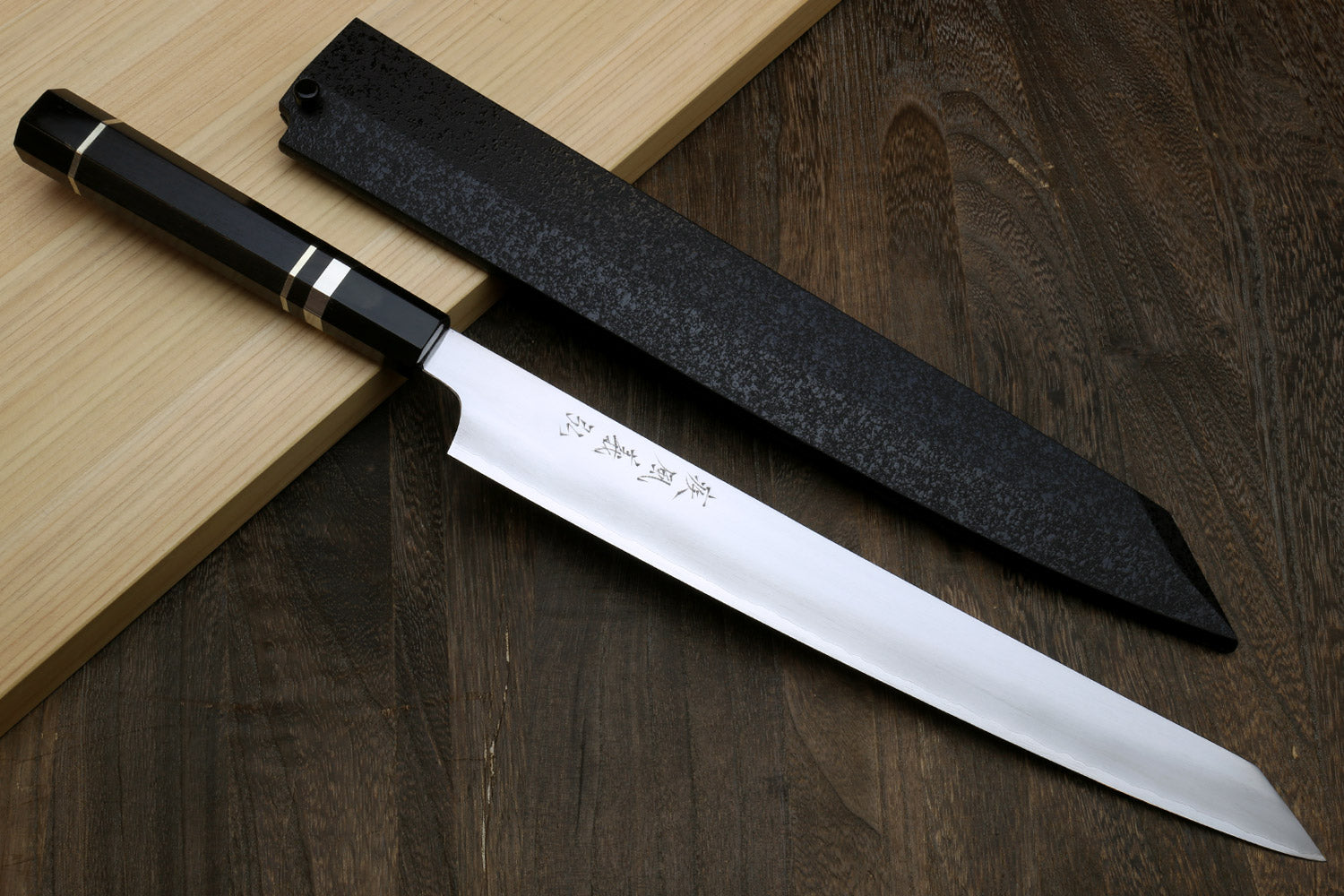 Yoshihiro Ginsan High Carbon Stainless Steel Sujihiki Kiritsuke Slicer Chefs Knife with Triple Nickel Silver Ring Ebony Handle