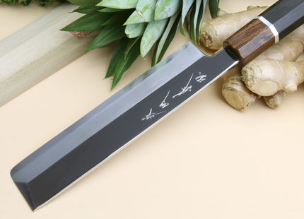 Yoshihiro  Ginsan Mirror Polished Stain Resistant Edo Usuba Traditional Japanese Vegetable Chopping Chef Knife Ebony Handle with Silver Ring