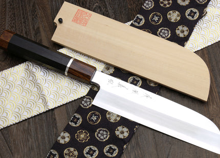 Yoshihiro  Ginsan Mirror Polished Stain Resistant Kama Usuba Traditional Japanese Vegetable Chopping Chef Knife Ebony Handle with Silver Ring