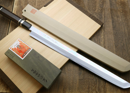 Yoshihiro Ginsan Mirror Polished Stain Resistant Steel Maguro Bocho Tuna Knife with Triple Silver Ring Ebony Handle (Sakimaru Takobiki Style) *Blade Length 17.7"