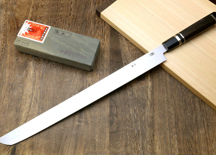 Yoshihiro Ginsan Mirror Polished Stain Resistant Steel Maguro Bocho Tuna Knife with Triple Silver Ring Ebony Handle (Sakimaru Takobiki Style) *Blade Length 17.7"
