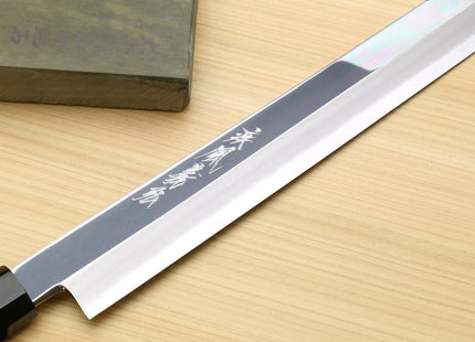 Yoshihiro Ginsan Mirror Polished Stain Resistant Steel Maguro Bocho Tuna Knife with Triple Silver Ring Ebony Handle (Sakimaru Takobiki Style) *Blade Length 17.7"